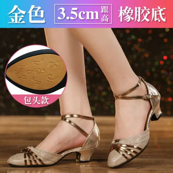 댄스슈즈 라틴 여성 실버 플라자 여름 뛰다 소프트 밑창 무용신발 미들굽 교우 로우힐 2605787288, 33, 3.5cm 골드링가방 제1항의