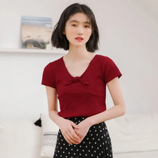 위파인더 레트로 슬림 와인레드 여선생 스타일 티셔츠