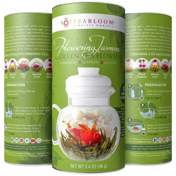 Teabloom 재스민 차 꽃 핸드 타이드 녹차 잎 + 자스민 꽃개 화 차 작품 블루밍 티 선물 세트 12 팩 36 Steeps은 250개 컵, 선택, 상세설명참조