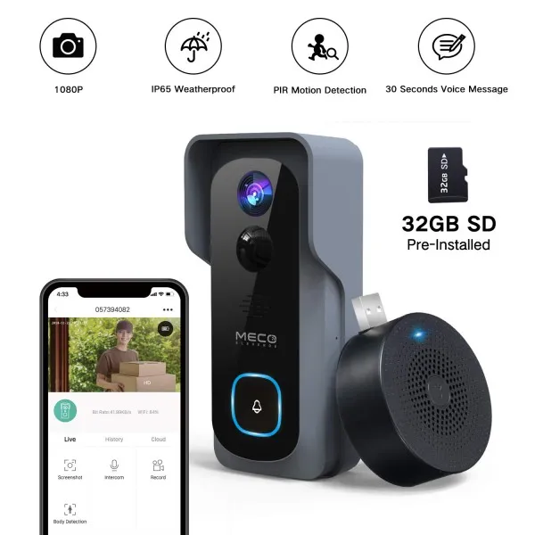 [32GB 사전 설치] WiFi 비디오 초인종 무료 차임이있는 MECO 1080P 초인종 카메라 동작 감지기가있는 무선 초인종 야간 투시경, 단일상품