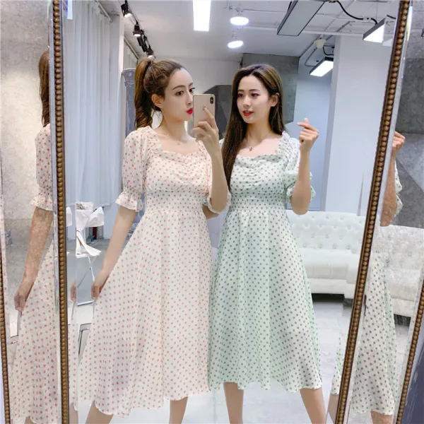 패션이루 쉬폰 롱 도트 여름 원피스 A라인 반팔 여성 플레어