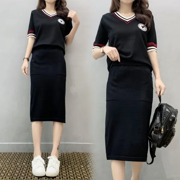 패션이루 스트라이프 반팔 티셔츠 세트 캐주얼 여성 여름 H라인