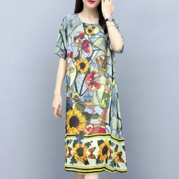 마마퀸 여성빅사이즈 라운드넥 해바라기패턴 여름 원피스 19M06155 빅사이즈쉬폰원피스