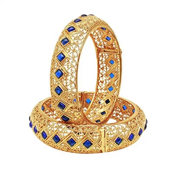 Joyeria 지르콘 패션 인도 민족적인 골드 톤 블루 스톤 개방형 Bangles 쌍으로 세련된