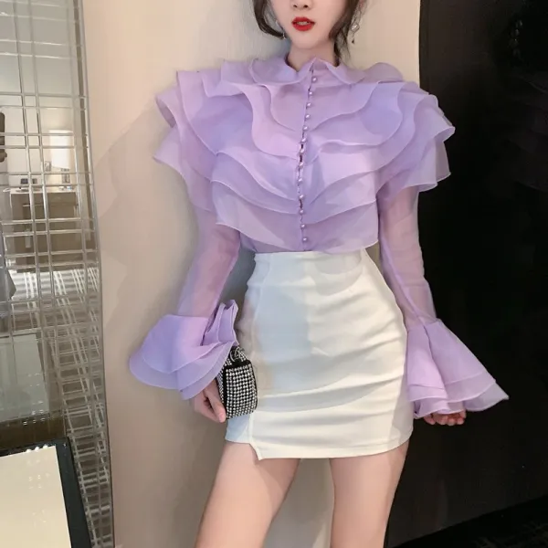 가을옷 프렌치 볼륨 층층 페플럼 긴소매 셔츠 솔리드 무지 와이셔츠 상의 여성의류