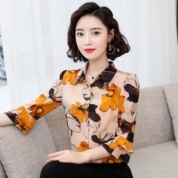 프린트남방 여성 미들 소매 여름옷 슬림 스윗 샤랄라 나팔소매 탐미함 팬시 블라우스