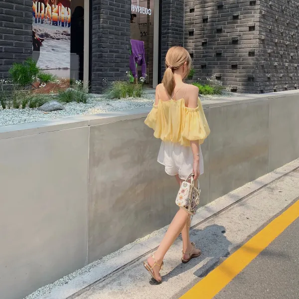 노블리(Novely) BYYOU 여름 엘로우 벌룬소매 쉬폰 상의 여성 감봉 느슨함 드롭 드레이프