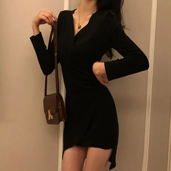 라오반 ZH-E925BB 복고풍 홍콩ST 밑단 언발 슬림핏 브이넥 섹시 미니 원피스