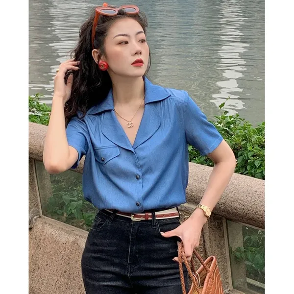 굿씽골프 루즈핏남방 허대청 클래식 텐셀 여성 신 여름 청상 오피스 와이드 고궬 감각 반팔 와이셔츠