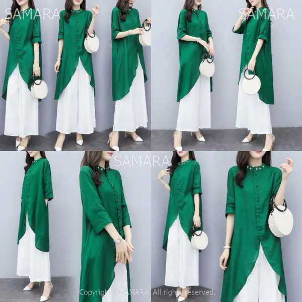 Qterra 특허브랜드 와이드팬츠 투피스 슬림 캐주얼세트 언발셔츠 린넨