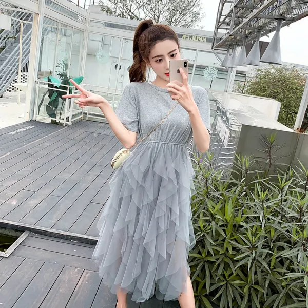 패션이루 반팔 레이스 샤 원피스 캐주얼 여성 여름 롱 슬림핏