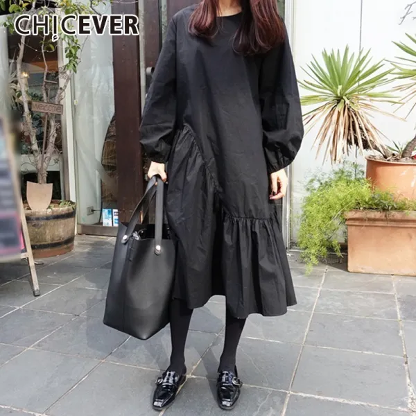 Chicever 봄 가을 드레스 여성을위한 목 퍼프 슬리브 느슨한 패치 워크 블랙 드레스 여성 의류 특대 패션 새로운 2019