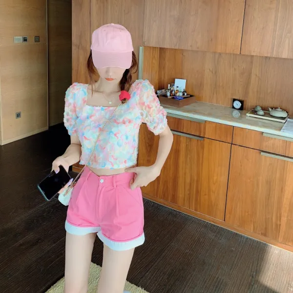 트렌디룩 여 여름 넥 숏 크롭 퍼프 반팔 상의 하이 웨이스트 롤업 팬츠