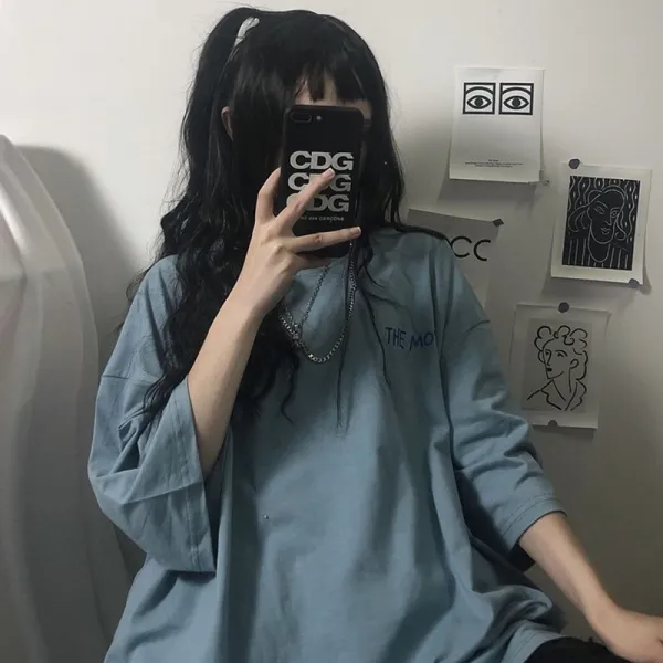 랜드스케이프 하라쥬크 BF풍취 소녀 와이드 루즈핏 여름 202 반팔 체티셔츠 INS트렌드 상의