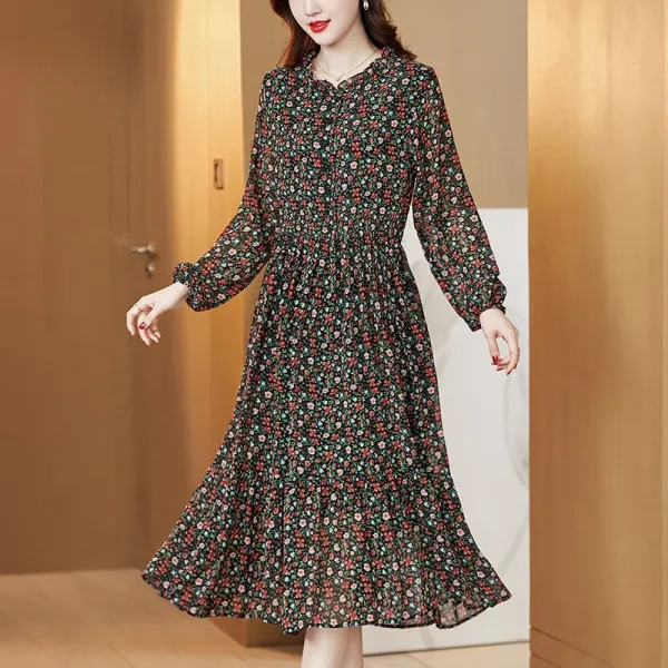 DFMEI 활태 시폰 플라워 원피스 여자 년 가을 긴팔 삿대 비싸다 캐주얼하다 날씬하다 엄마 올해 유행 치마