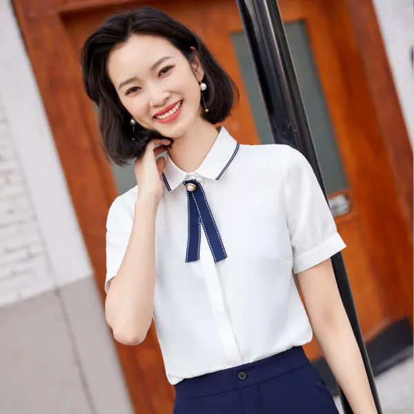 2021리본 쉬폰 블라우스 슬림해 보이는 오피스 OL 칼라 반팔 티 셔츠 한글판이 근무하다. 직장인 작업복
