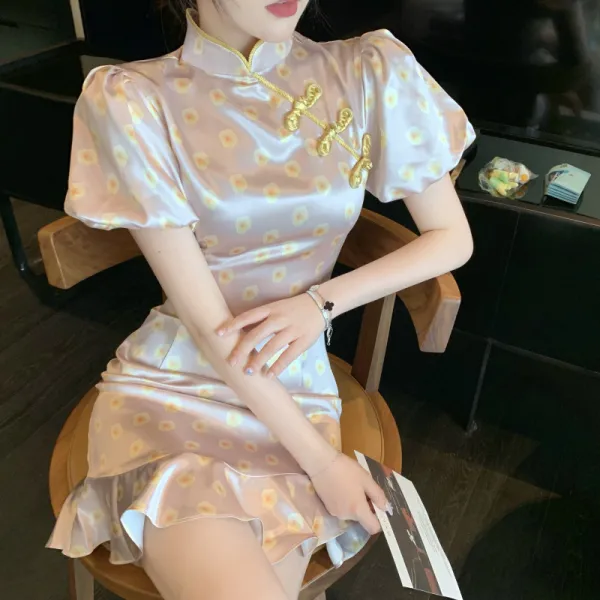 로즈매더 새틴 원피스 실크 샤틴 신식 복고 개량판 치파오 자 름 프렌치