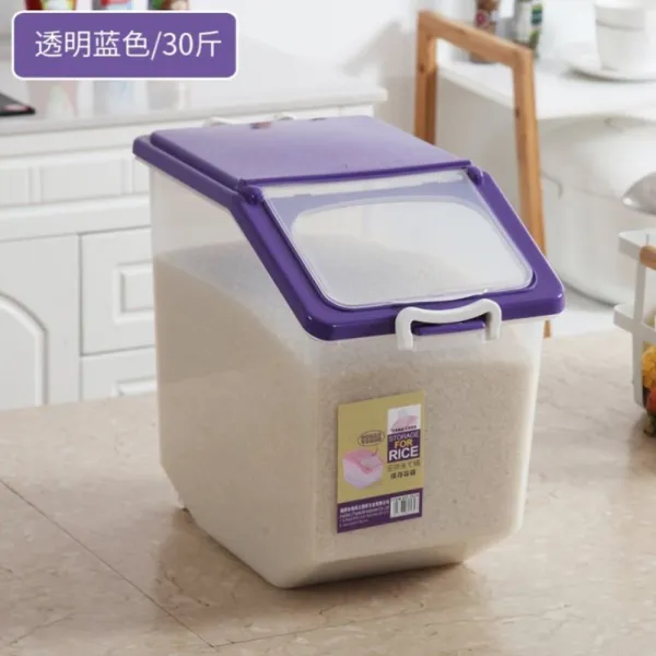 플라스틱밀폐용기 게량컵증정 용기 밀가루통 50근포장 플라스틱통 .저금통 수납합 쌀통 먼지걱정없는 밀봉된 세트, T17-L77-E28-업그레이드형 :30근 식투명 블루