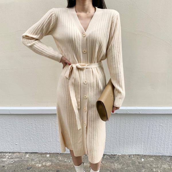 어멜리스 여성용 골지 단추 가디건 리본 롱 원피스 3color 
