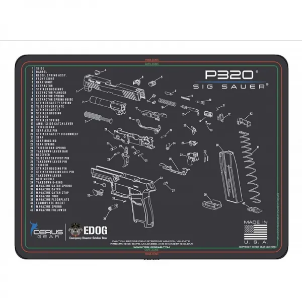 Edog P320 총기 세척 매트 Sig Sauer P320 시리즈 권총 3mm 패딩 패드와 호환되는 개략도 파형 뷰 도표 화기 잡지 벤치 표 단일옵션