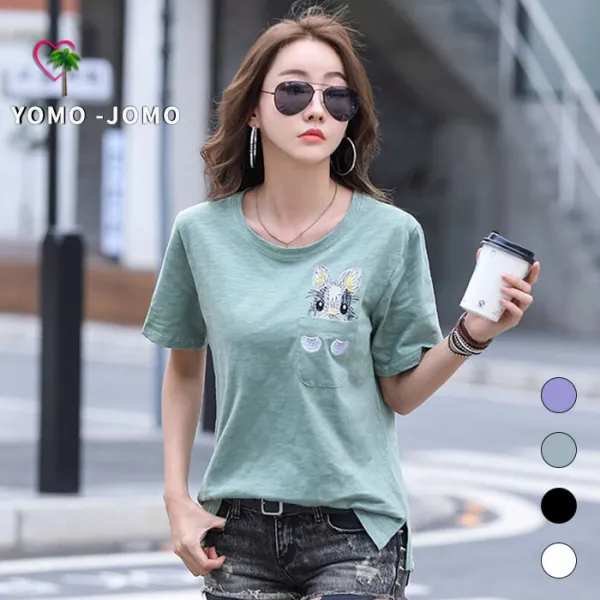 요모조모 여성 면 라운드넥 기본 레빗 포켓 반팔 티셔츠 YJS385