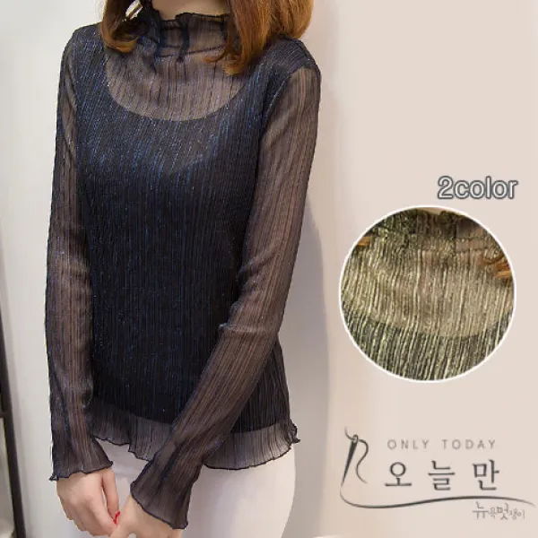 오늘만 뉴욕멋쟁이 팅클 시스루 블라우스 여성긴팔티 반짝이블라우스 빅사이즈여성