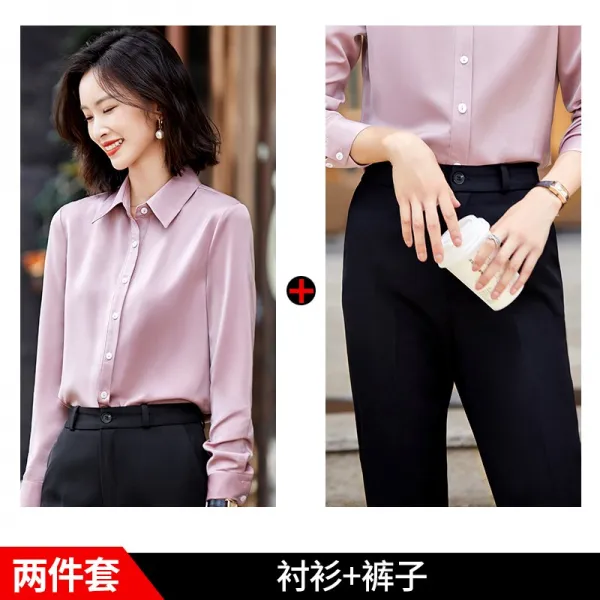 리에송 여성 긴 소매 그린 쉬폰 상의 트렌드 흐름 뱃살가리기 카고 슬림핏 캐쥬얼 새틴 와이셔츠
