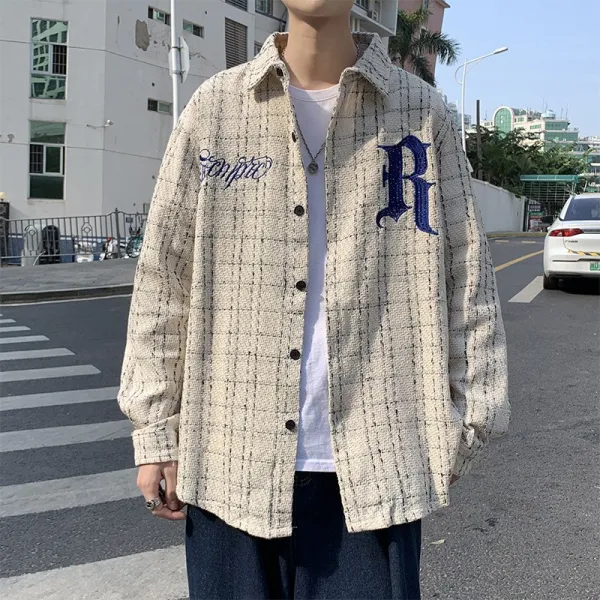 계 인스 체크 코트 남 캐주얼 디자인 루즈핏 용 멋쟁이 영문자수 핀제한하다
