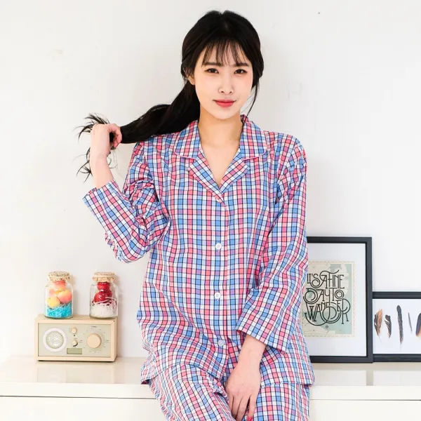 이라인 여성 순면 상하잠옷 체크캔디