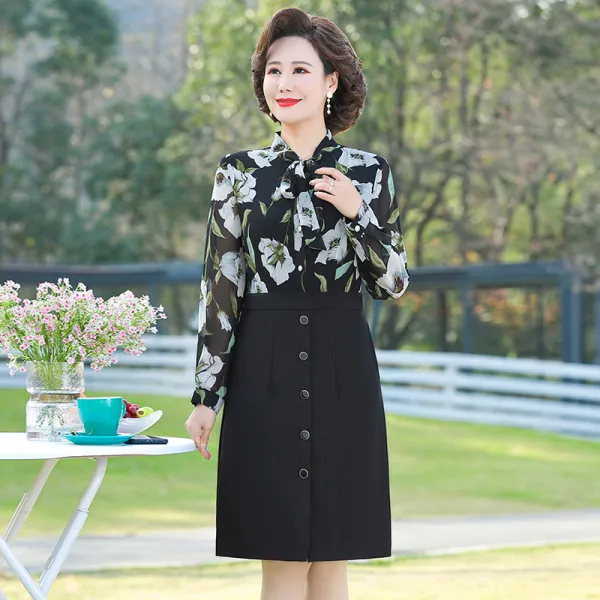 KORELAN어머니 의류 봄 새로운 패션 인쇄 긴팔 중년 노인 드레스 허리가 가늘고 고상한 기질이 젊다