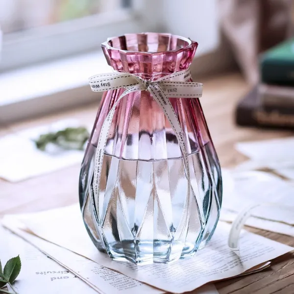 아이비리그 유럽식 유리 꽃병 컬러 수배 꽃병 푸구이주 로즈백합 꽃꽂이 마른꽃 장식 병 18cm-빙심자홍 담뱃재 그러데이션