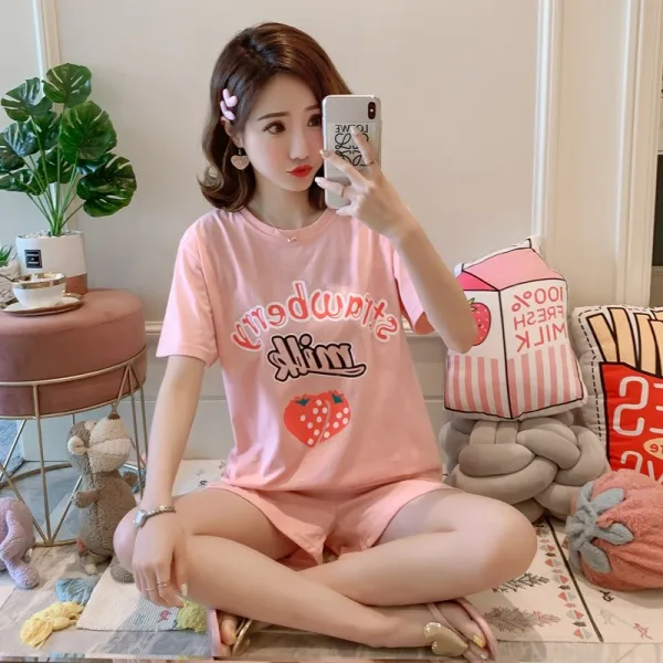 피아이케이9 여름파자마세트 잠옷 여성 얇은 타입 스위트 와이드 루즈핏 빅사이즈 면드 반팔 실내복 홈웨어 투수영복 룩 운동