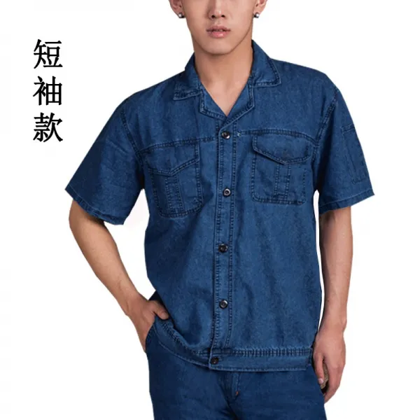 작업복 여름시즌 얇은스타일 데님 세트 남성 순면 통기성 공업용 용접공 노동 작업 전기용접 C03 반팔 데님 작업복 세트