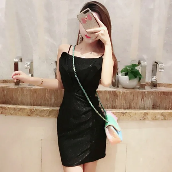 블랙 슬립 스커트 2018 뉴 바 여장 야성적으로 슬림하게 일자 어깨 밤 원피스 여