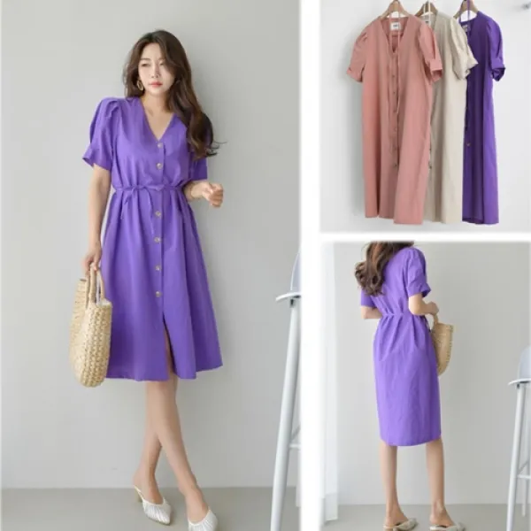  Newcare 여성 여름 반팔 브이넥 린넨 원피스