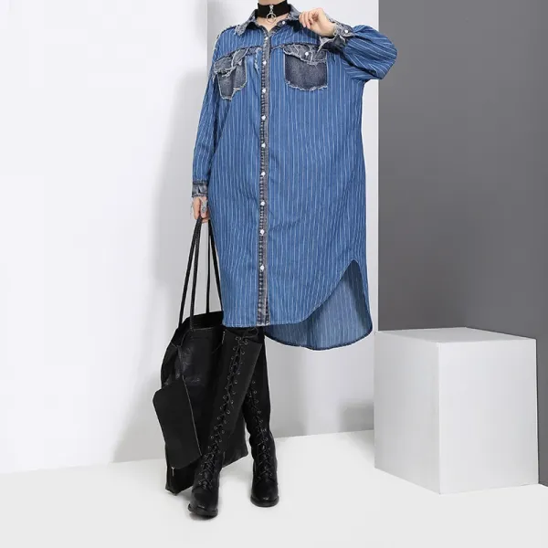패션이루 캐주얼 데님 청 셔츠 원피스 미디 스트라이프 미시