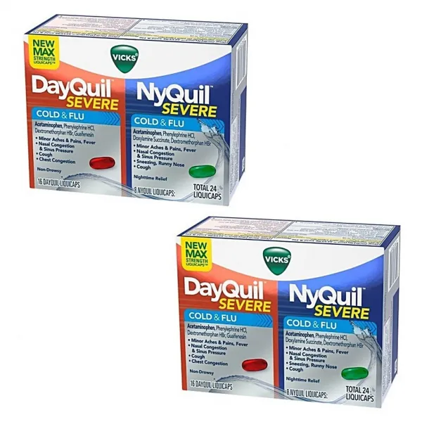 Vicks DayQuil and NyQuil SEVERE Cough Cold Flu Max 24 caps 콜드 & 플루 Relief 데이콜 나잇콜 콤보 몸살감기 목감기 열감기 완화, 2개