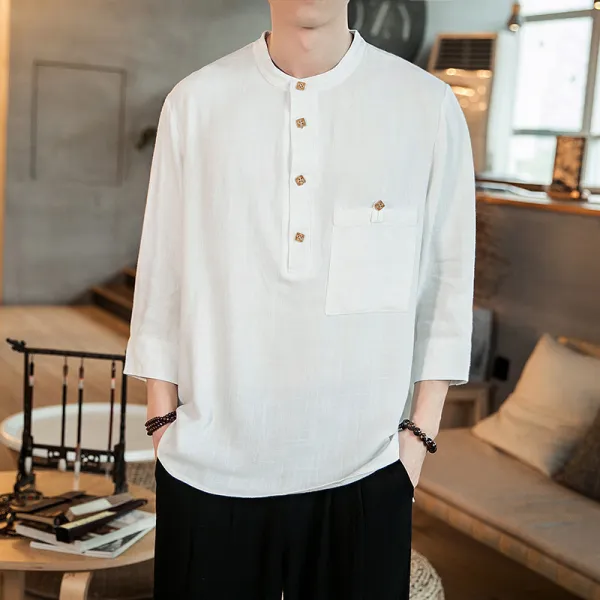 남성 솔리드 7부소매 린넨 셔츠