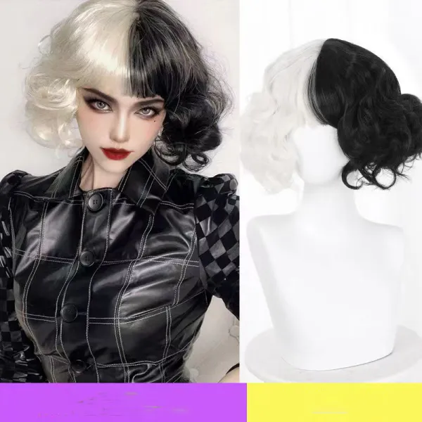 LINGYUE 가발 Cruella de Vil 흑백 마녀 음양두 cos 짧다 곱슬머리, 흑백