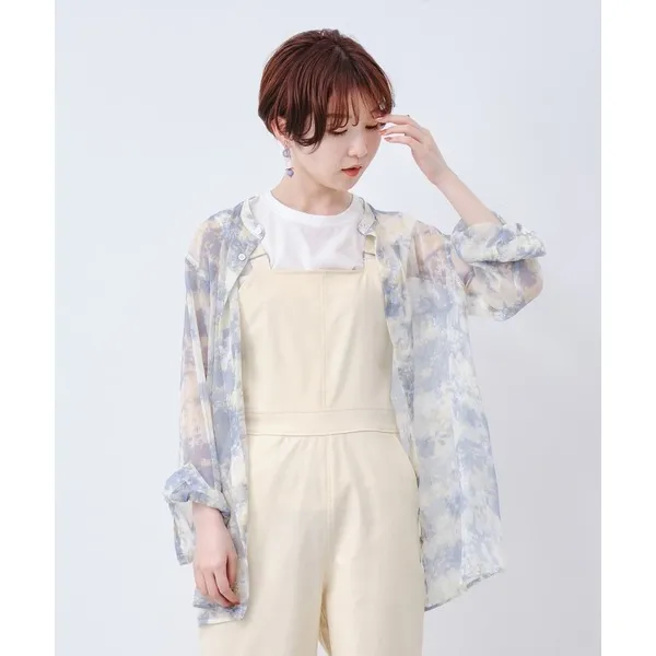 시스루블라우스 :20년 일본스타일 퓨어오리지널 Consc1ous Day수양버들 쉬폰 현란한 홀치기염색 투시가능 셔츠 현재