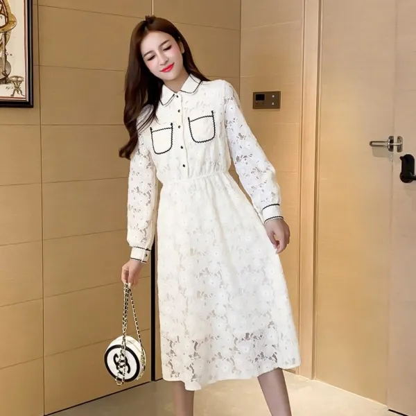 아이보리 블랙 투톤 포켓 레이스 셔츠 원피스 상견례 하객 GH9-428
