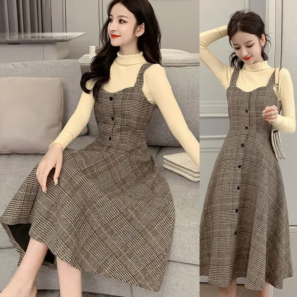 루디아 체크 뷔스티에 모직 롱 원피스