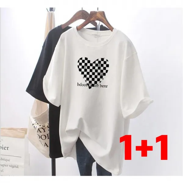 여성 반팔티셔츠 1+1세트 빅사이즈 레터링 남녀공용 커플셔츠 하트무늬