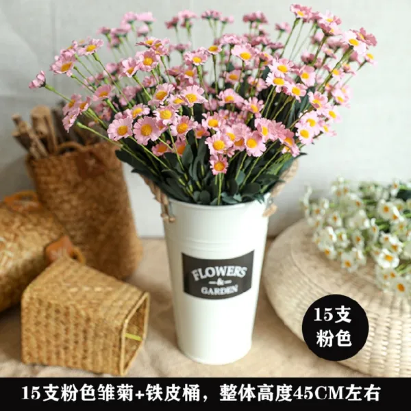 조화 꽃다발 부케 들꽃 데이지꽃 건화 사진작가 카모마일 거실 꽃 장식, 핑크 15수+마줄 양철통