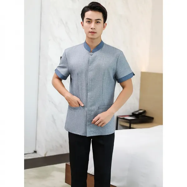 면린넨 보결 유니폼 반팔 호텔 투숙객 방청소 노동자다 의류업 층청결 가정 아주머니 작업복, L 남자타입 그레이 상의바지 자