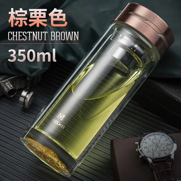 민 샤 유리잔 휴대용 물컵 남자 비 즈 니스 투명 찻잔 더 블 적재함 컵 단열 방지 밤색 280 ML, 상세페이지 참조