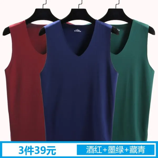 남성 민소매 티 3 팩 무표정 한 아이스 실크 조, and인 레드, 다크 그린, 티베트어 녹색