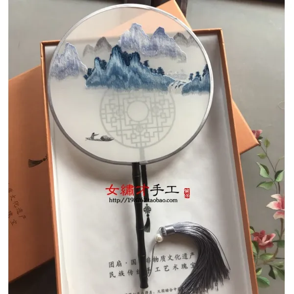 부채 수공업 자수 궁선 양면 긴자루 한나라의복 액세서리 중국스타일 웨딩 둥글, T50-비취색, 기본