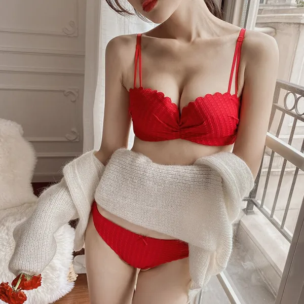 프랑스 JERRRIE MOCK 속옷 세트 빨간색 무강권 결혼 본년녀 모여들다 깊다 브이 위턱 밑 두께 후유 브레드 80B = 36B(팬티)
