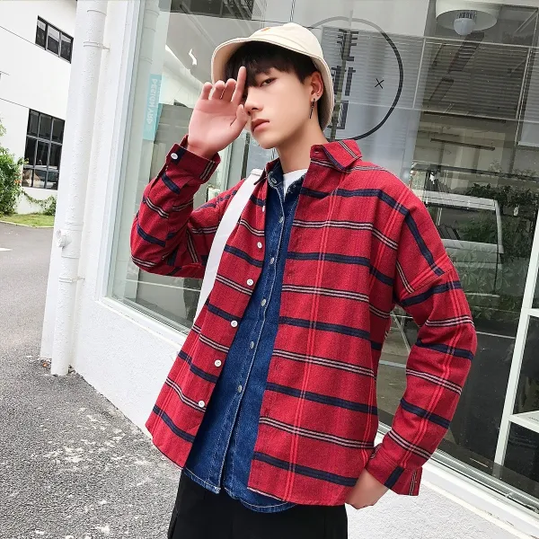 체크 심기 스웨인 패기류 외 Ulzzang 핸즈프리 chic 이른 가을 셔츠 남 디자인 느낌, 레드